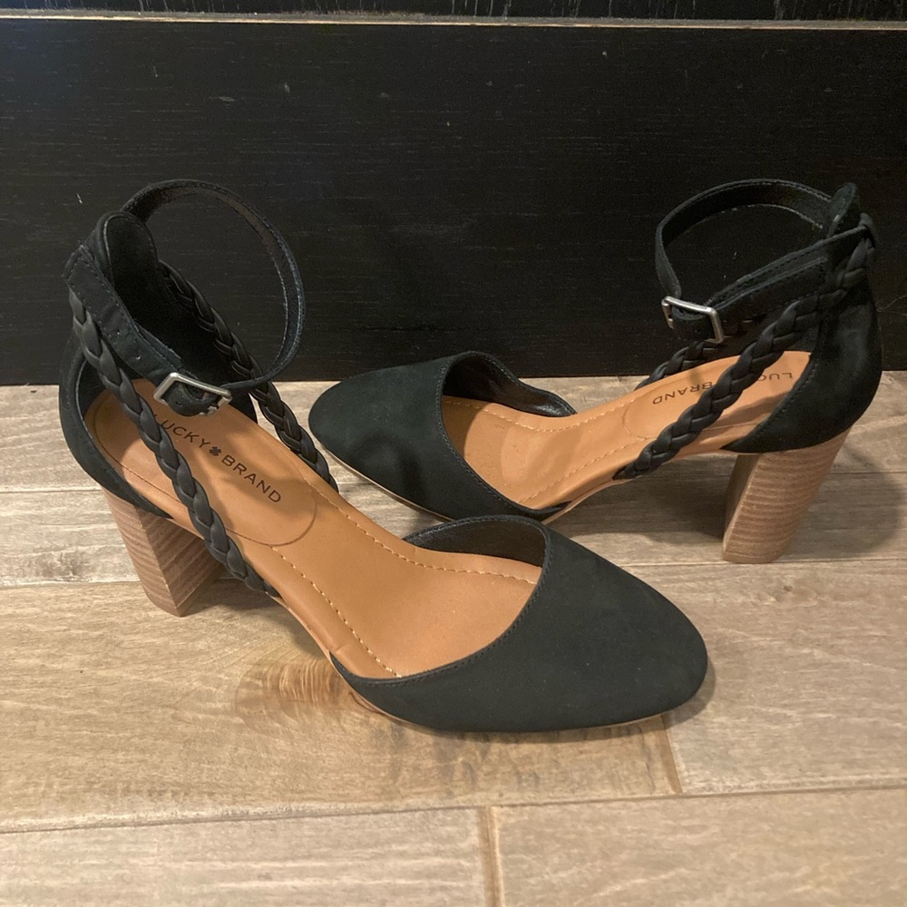 Lucky Brand Black Braided Ankle-Strap Block Heels